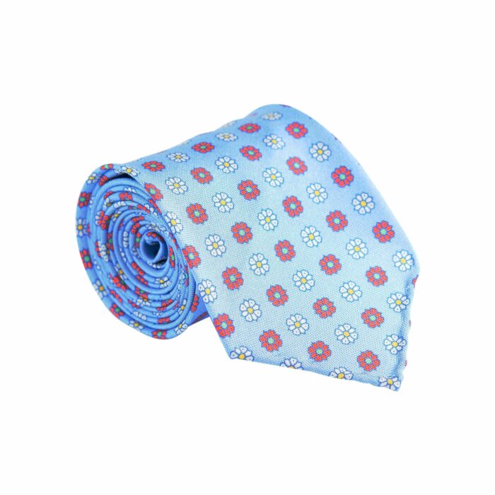 Massura Sartoria Pale-Blue-Red-White Flowers Printed Silk Tie