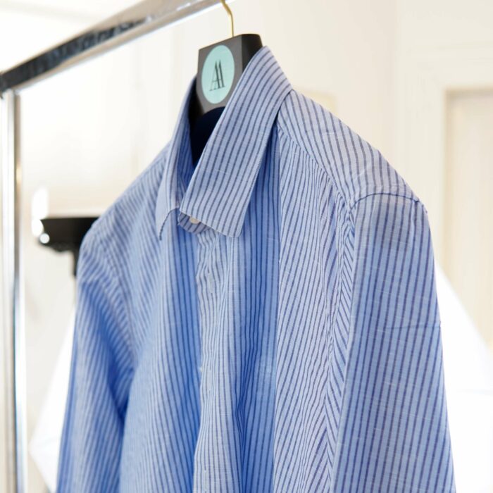 Emanuel Berg MTM Navy Blue Pale Blue Stripes Cotton-Linen-Blend Shirt - Image 3